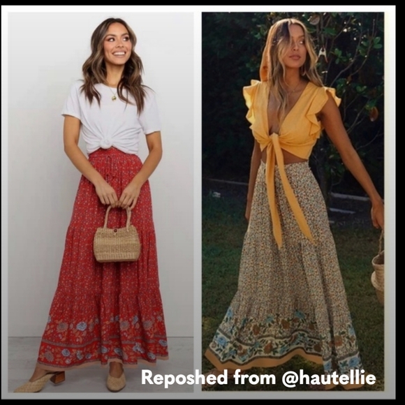 Haute Ellie Boho Floral Maxi Skirt Tiered Pleats Floral Print Round Hem Blue Med - Picture 16 of 16